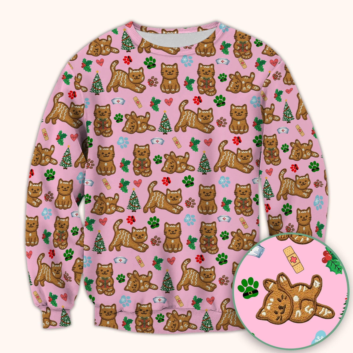 Gingerbread Cat Christmas Scrub Top, Cute Holiday Kitty Medical Uniform Shirt For Nursing, Festive Nurse Pattern