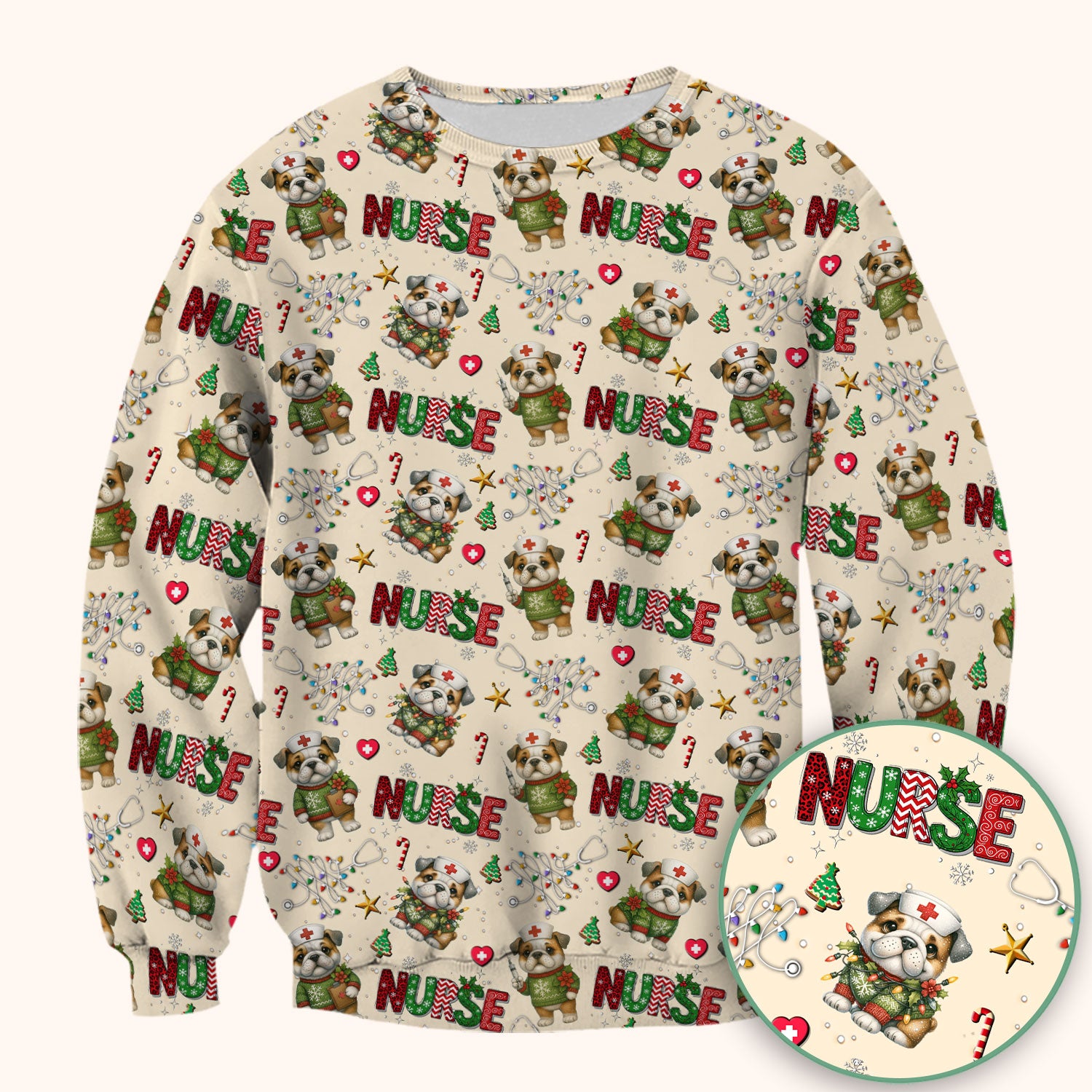 Bulldog Christmas Nurse Scrub Top - Funny Dog Scrub Shirt - Cute Holiday Medical Uniform for Women RN LPN CNA Gift