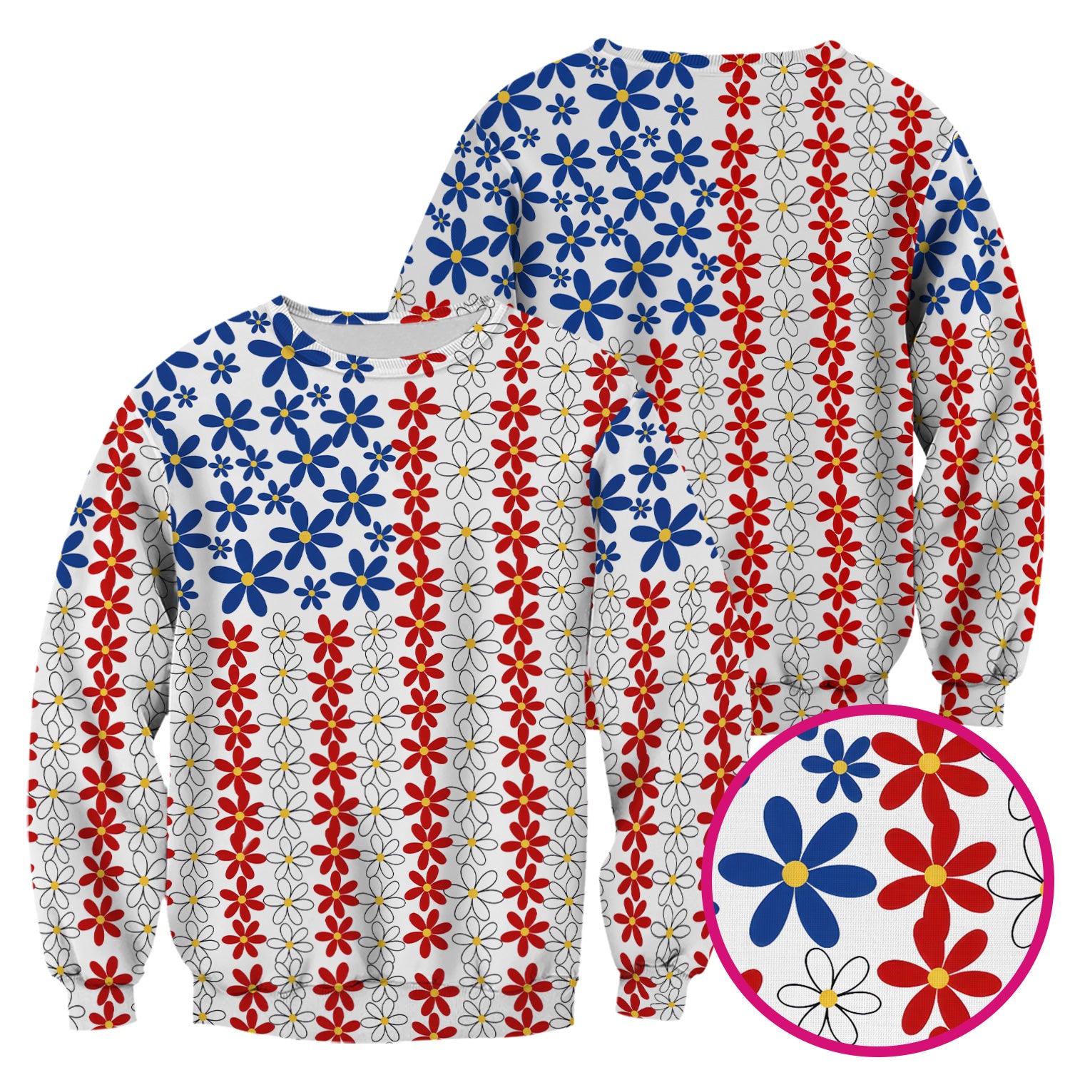 Retro Red Blue Daisy Stripe Pattern Scrub Top, Comfortable Scrubs for Nurses