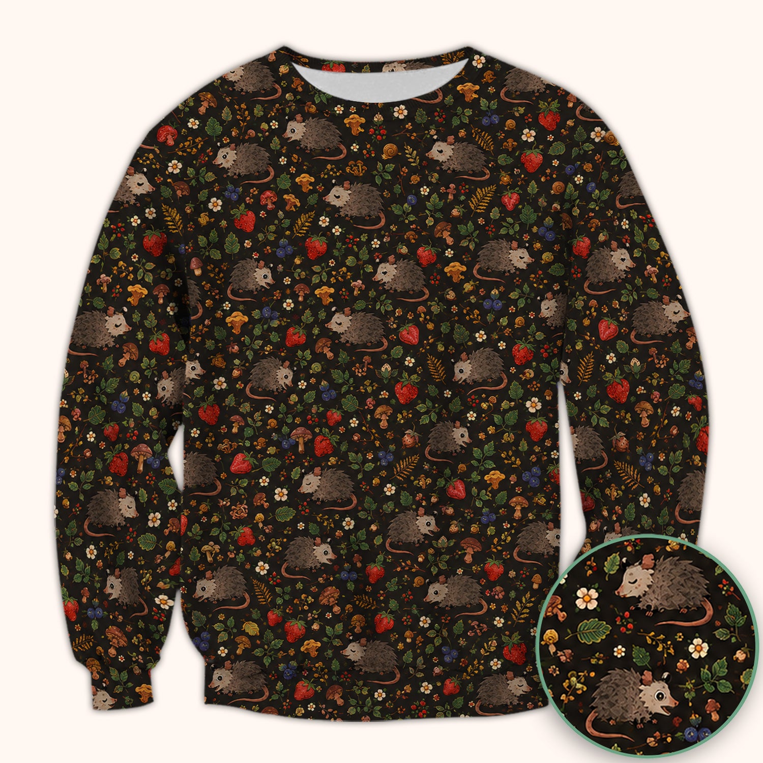 Woodland Opossum Berry Mushroom Pattern Scrub Top, Comfortable Scrubs for Nurses