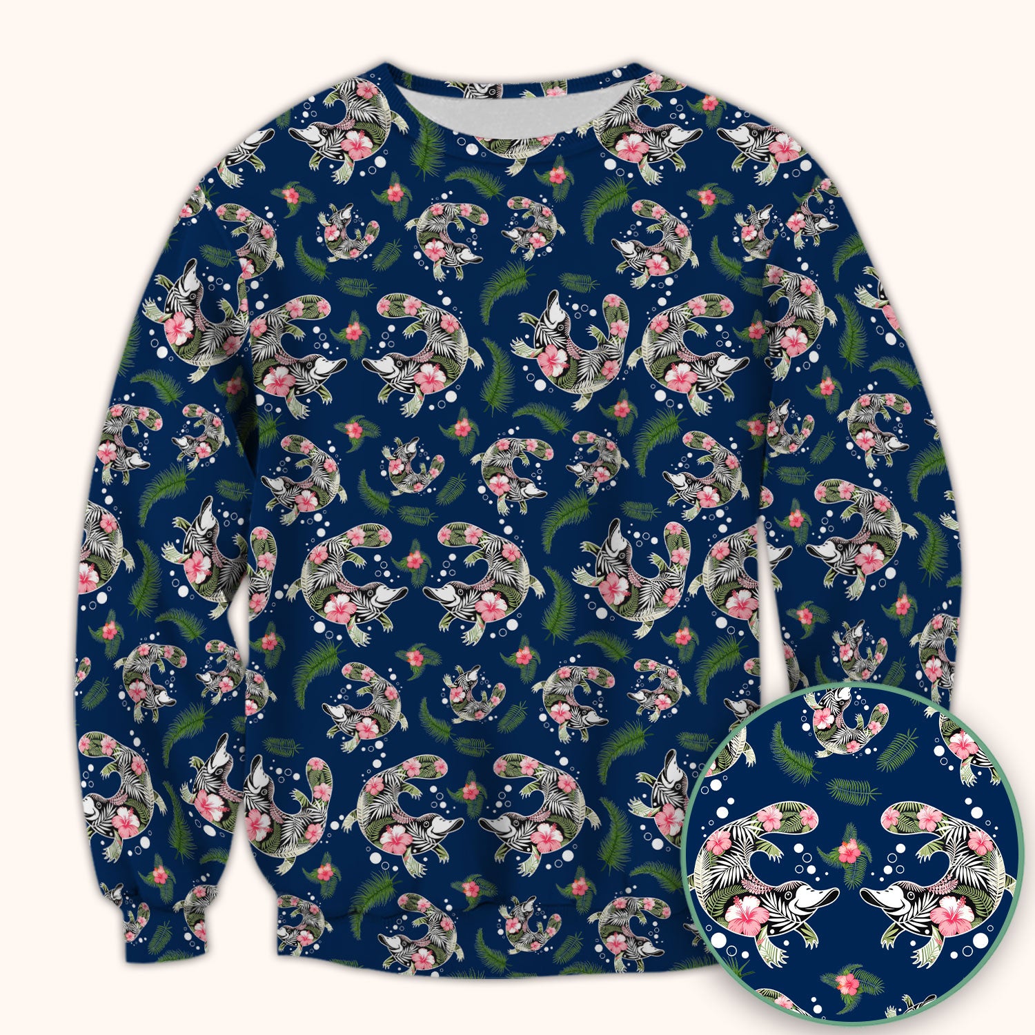 Cute Platypus Scrub Top, Tropical Floral Animal Pattern Nurse Shirt, Breathable Fabrics Nursing Uniform