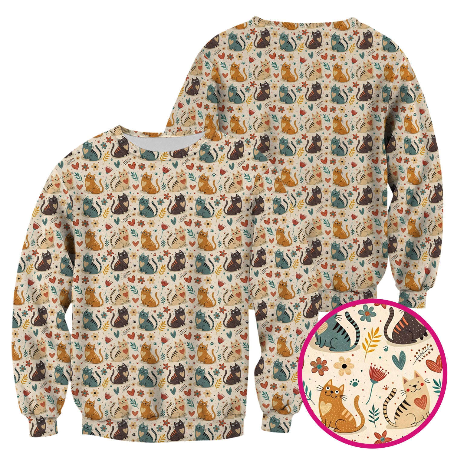 Cute Cat Print V Neck Scrub Top for Nurses, Floral Medical Uniform