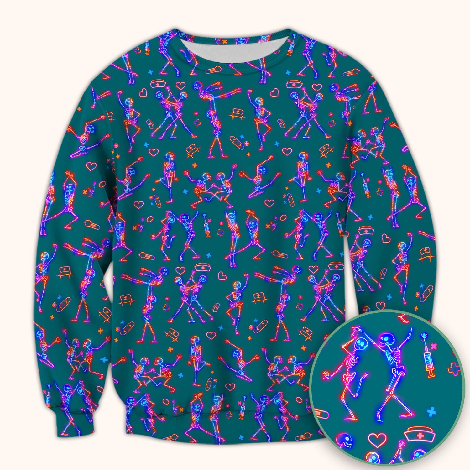 Neon Dancing Skeleton Medical Pattern Scrub Top, Comfortable Scrubs for Nurses