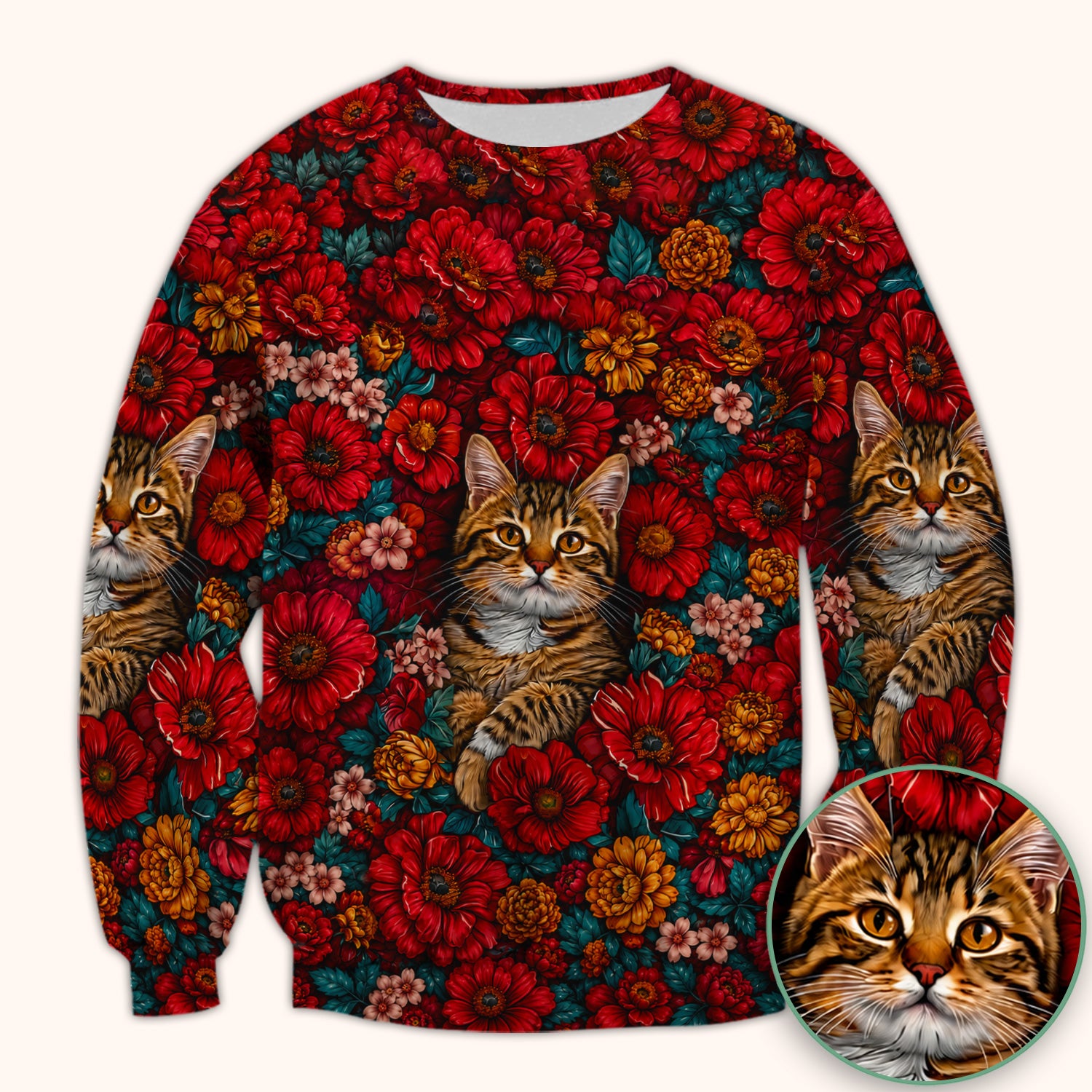 Adorable Tabby Cat Floral Garden Pattern Scrub Top, Comfortable Scrubs for Nurses