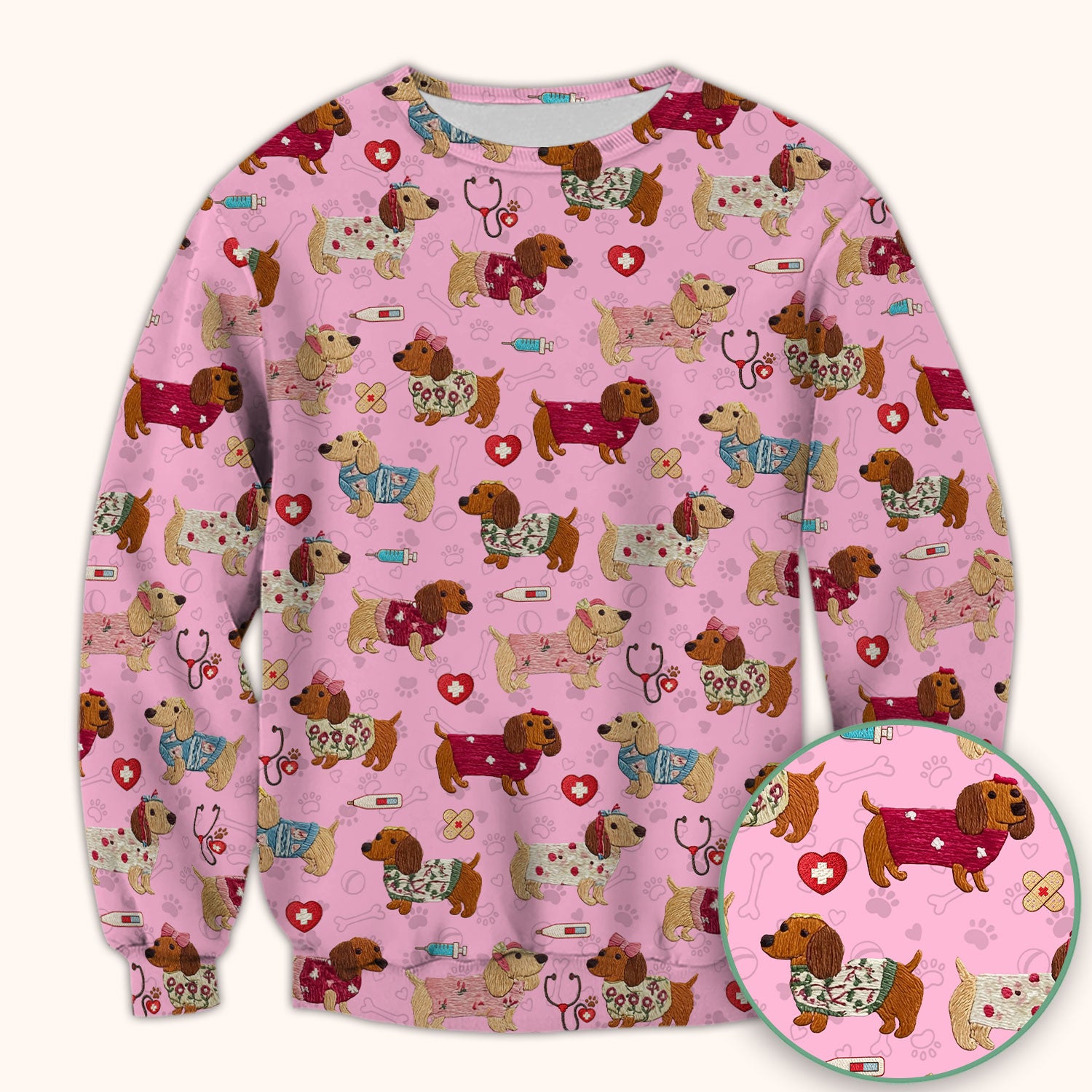 Cute Medical Wiener Dog Pattern Nurse Shirt, Dachshund Nursing Scrub Top, Breathable Fabrics Nursing Uniform