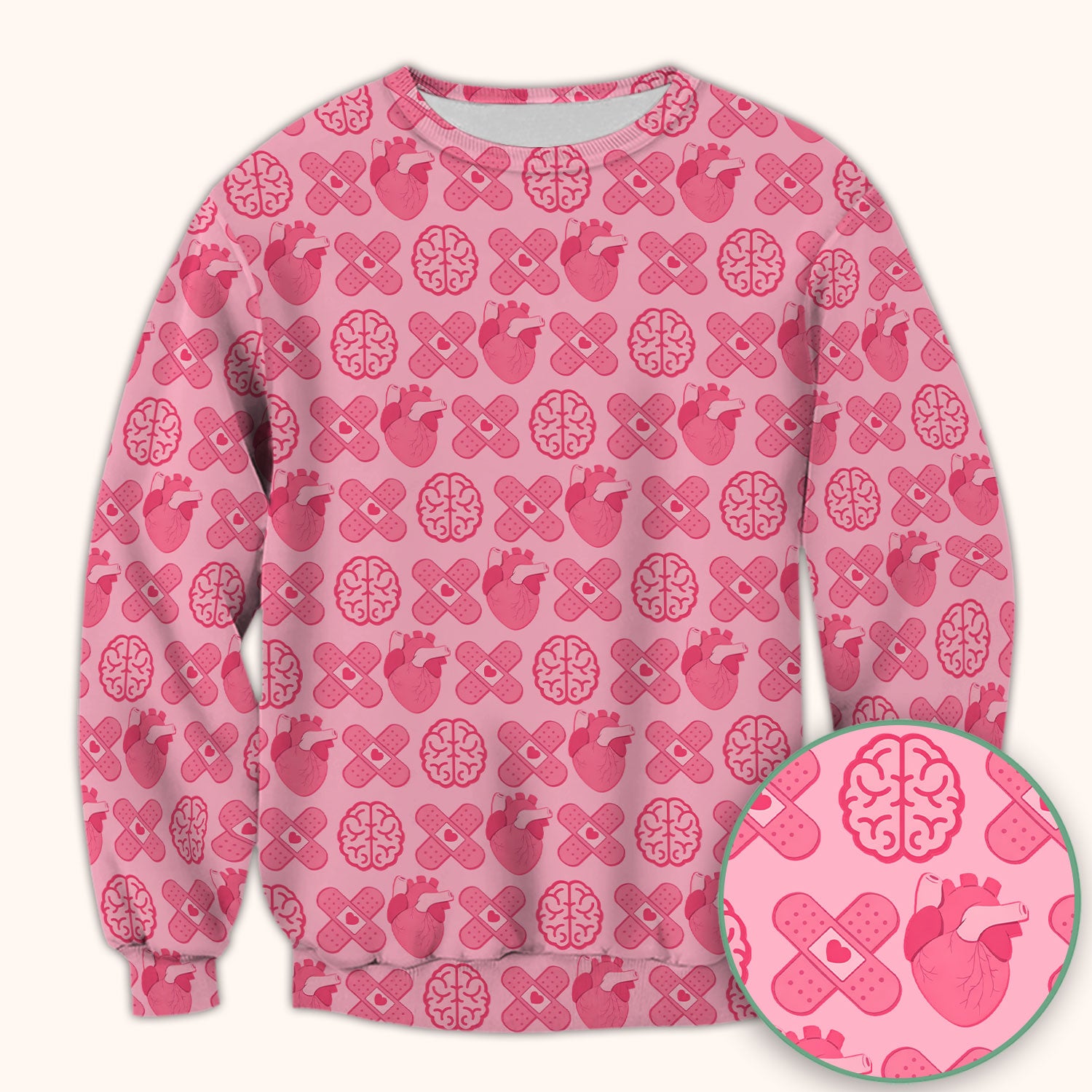 Heart & Brain Medical Icon Pattern Scrub Top, Breathable Fabrics Nursing Uniform