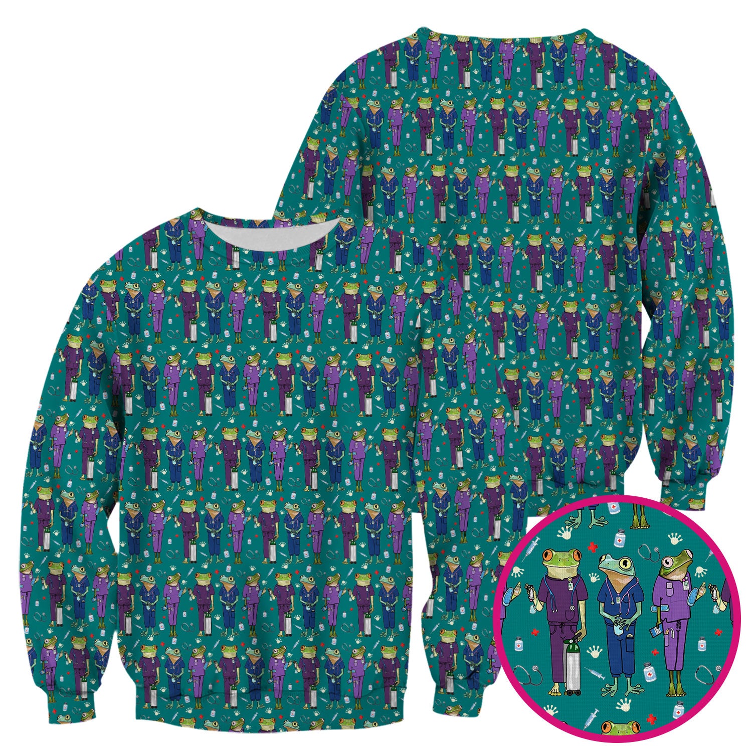 Funny Frog Nurse Pattern Scrub Top, Breathable Healthcare Uniform Top