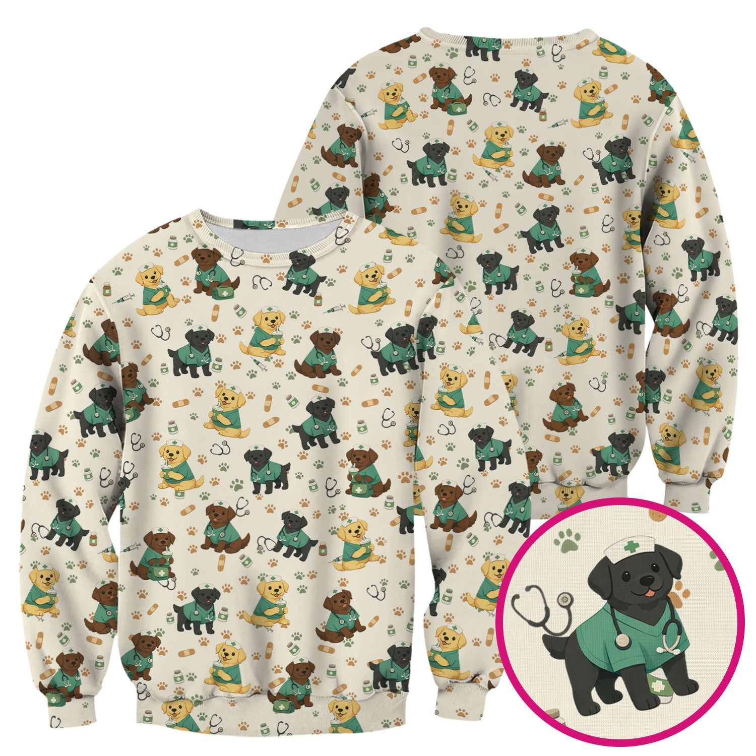 Labrador Retriever Nurse Scrub Top, Cute Medical Dog Pattern Nurses Shirt, Breathable Fabrics Nursing Uniform