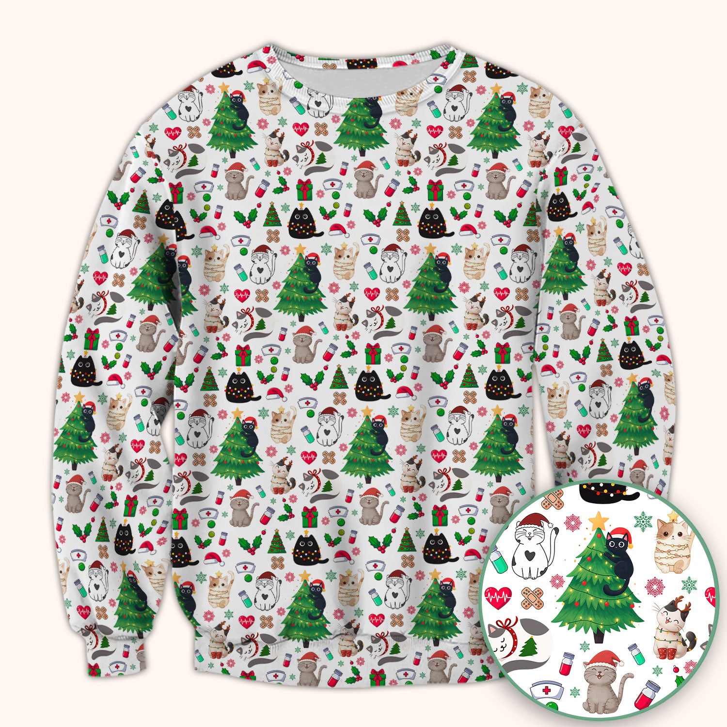 Christmas Cat Scrub Top, Xmas Pet Pattern Scrub Shirt, Breathable Fabrics Nursing Uniform