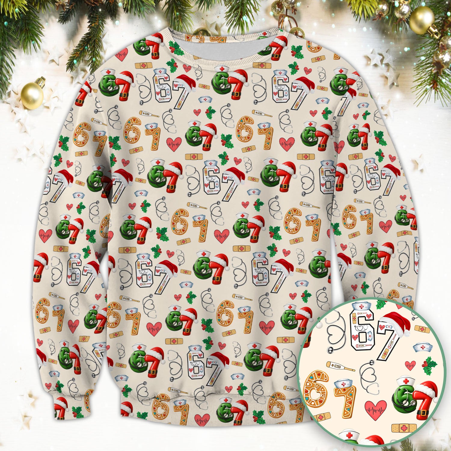 Christmas Nurse 67 Pattern Scrub Top, Cute Holiday Medical Shirt With Santa Hat, Uniform For Nursing