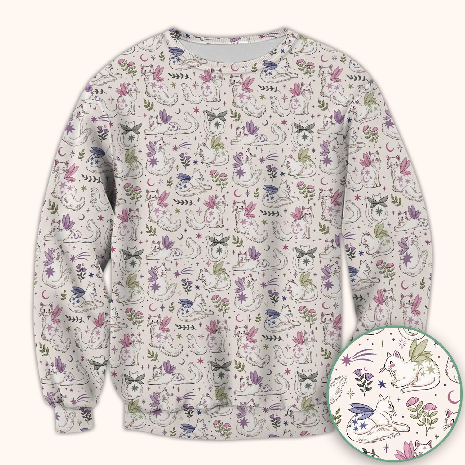Cute Fairy Cat Moon Star Floral Pattern Scrub Top, Comfortable Scrubs for Nurses