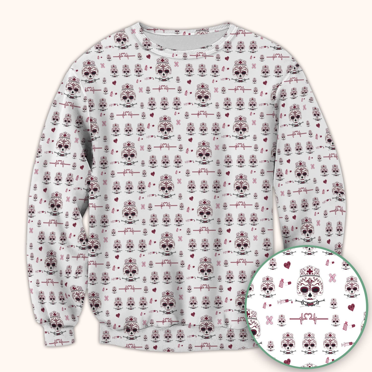 Sugar Skull Scrub Top, Skull Pattern Scrub Shirt, Breathable Fabrics Nursing Uniform