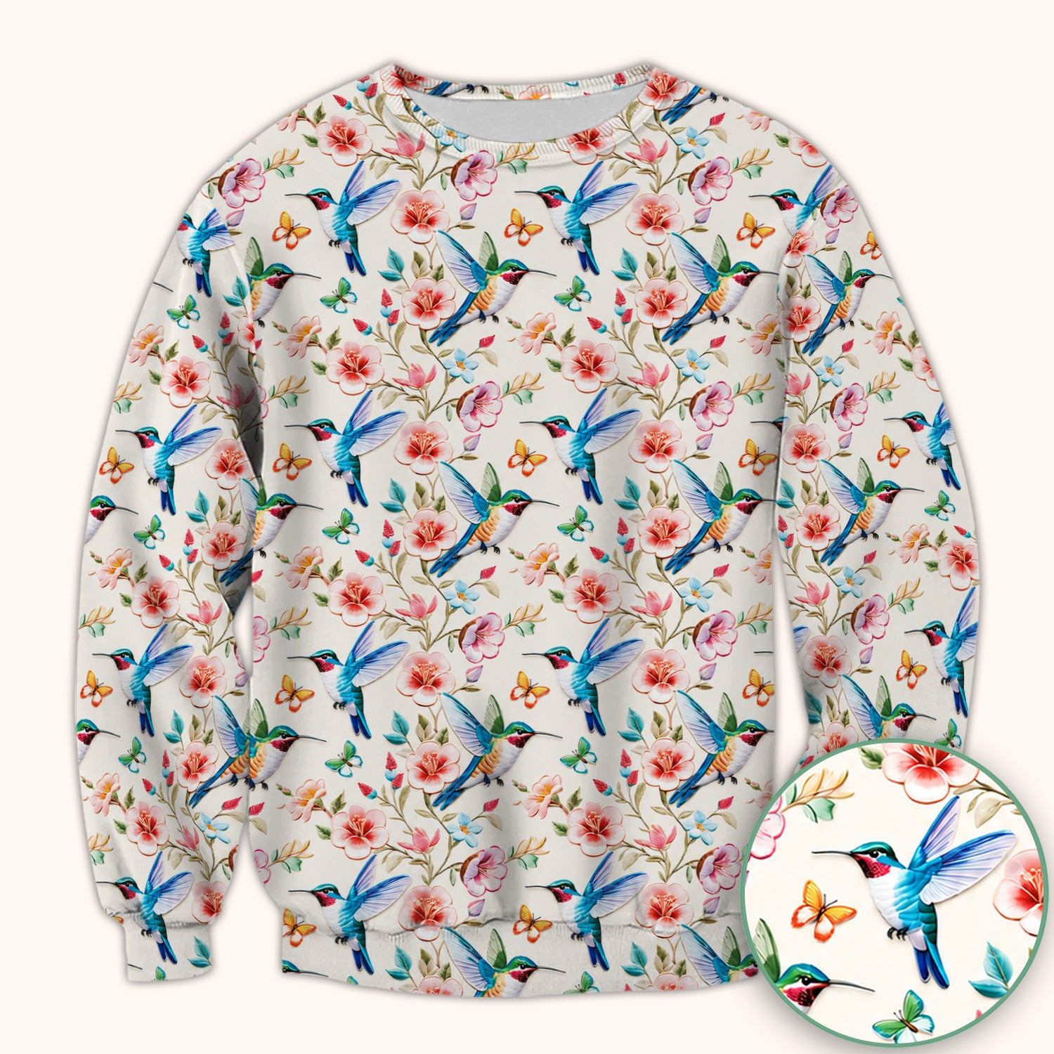 Hummingbird Blossom Butterfly Pattern Scrub Top, Comfortable Scrubs for Nurses