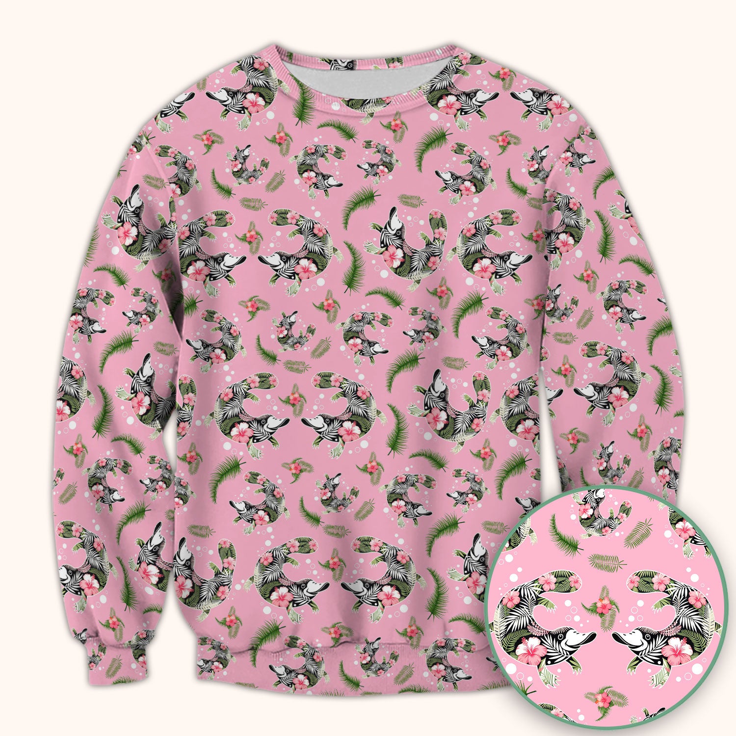 Cute Platypus Scrub Top, Tropical Floral Animal Pattern Nurse Shirt, Breathable Fabrics Nursing Uniform