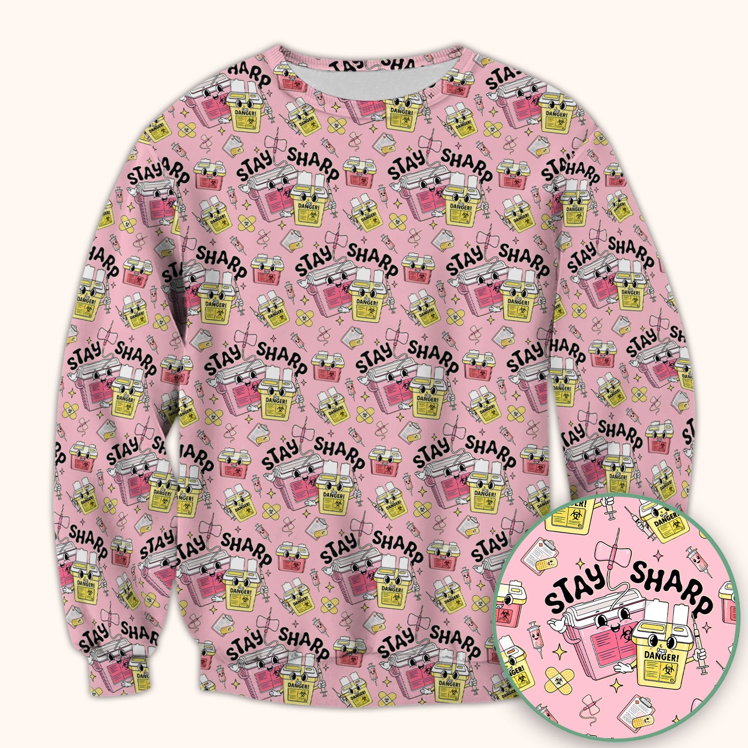 Stay Sharp Nurse Scrub Top, Cute Medical Pattern Scrubs, Breathable Fabrics Nursing Uniform