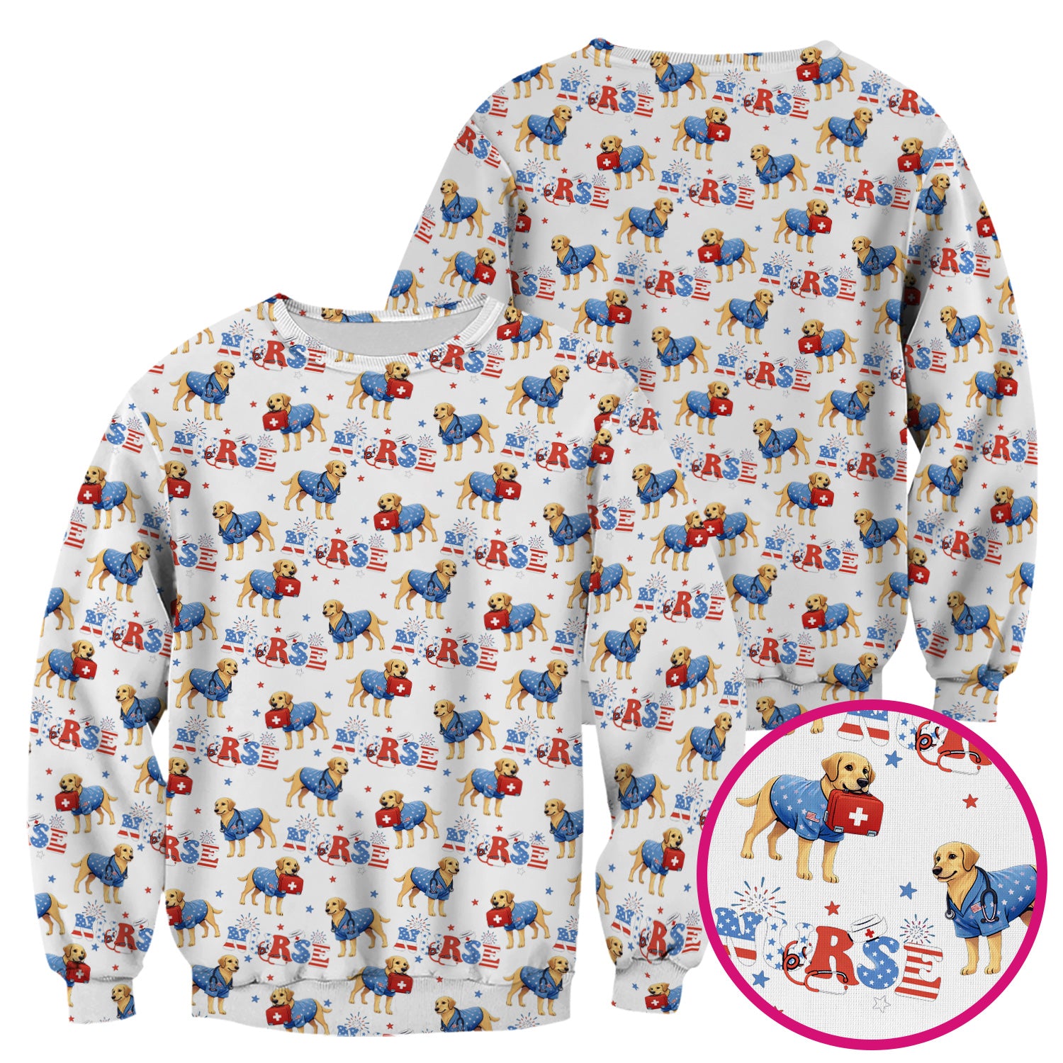 Patriotic Nurse Dog Medical Pattern Scrub Top, Breathable Fabrics Nursing Uniform