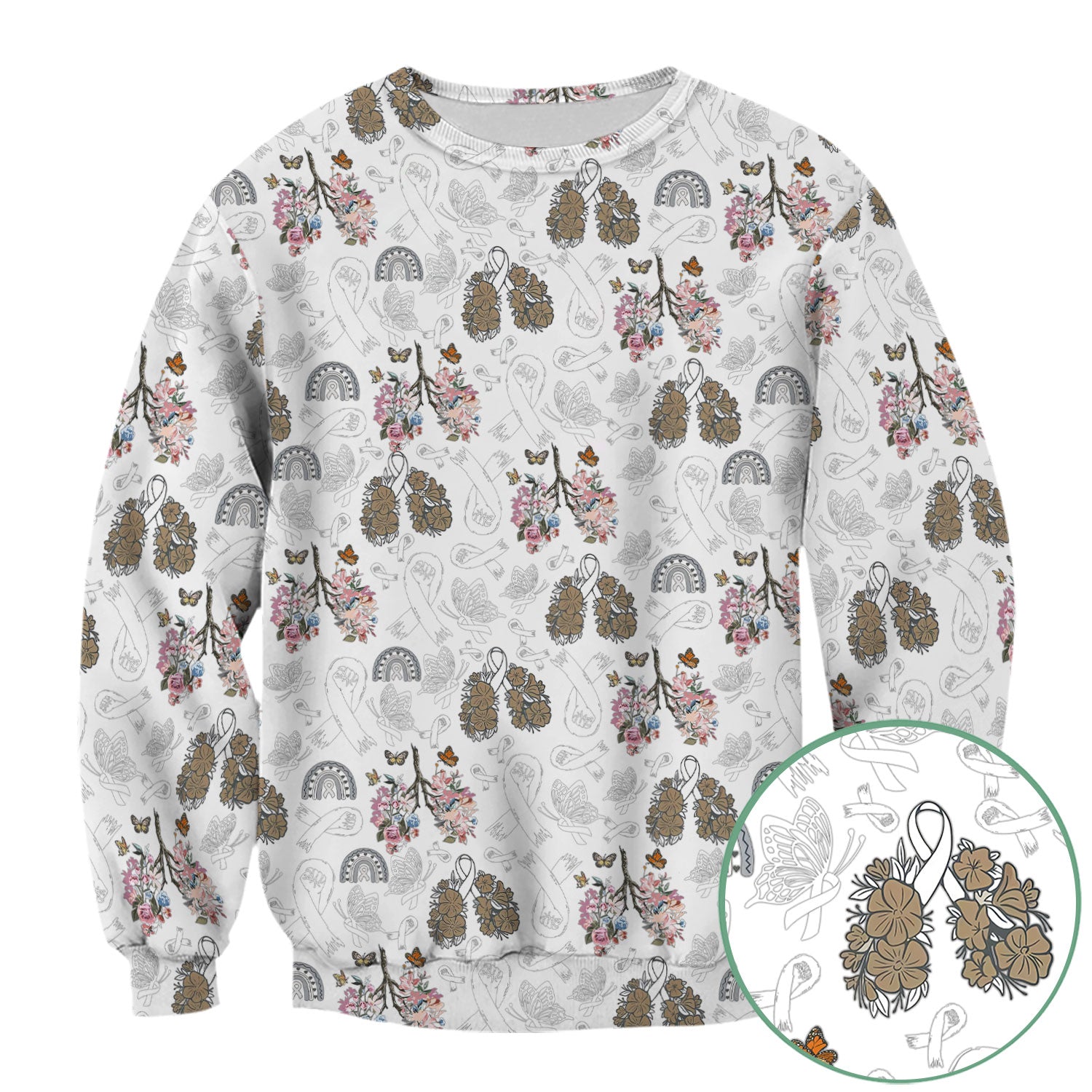 Lung Cancer Awareness Nurse Scrub Top - White Ribbon Butterfly Floral Medical Uniform - Comfortable V-Neck Nursing Shirt Gift