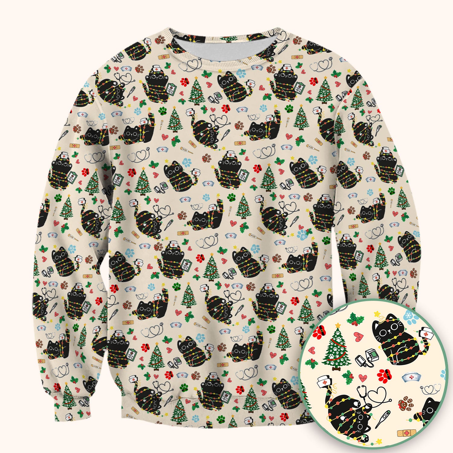 Funny Black Cat Christmas Scrub Top – Cute Holiday Kitty Pattern – Festive Medical Uniform for Nurses, Vets, and Cat Lovers
