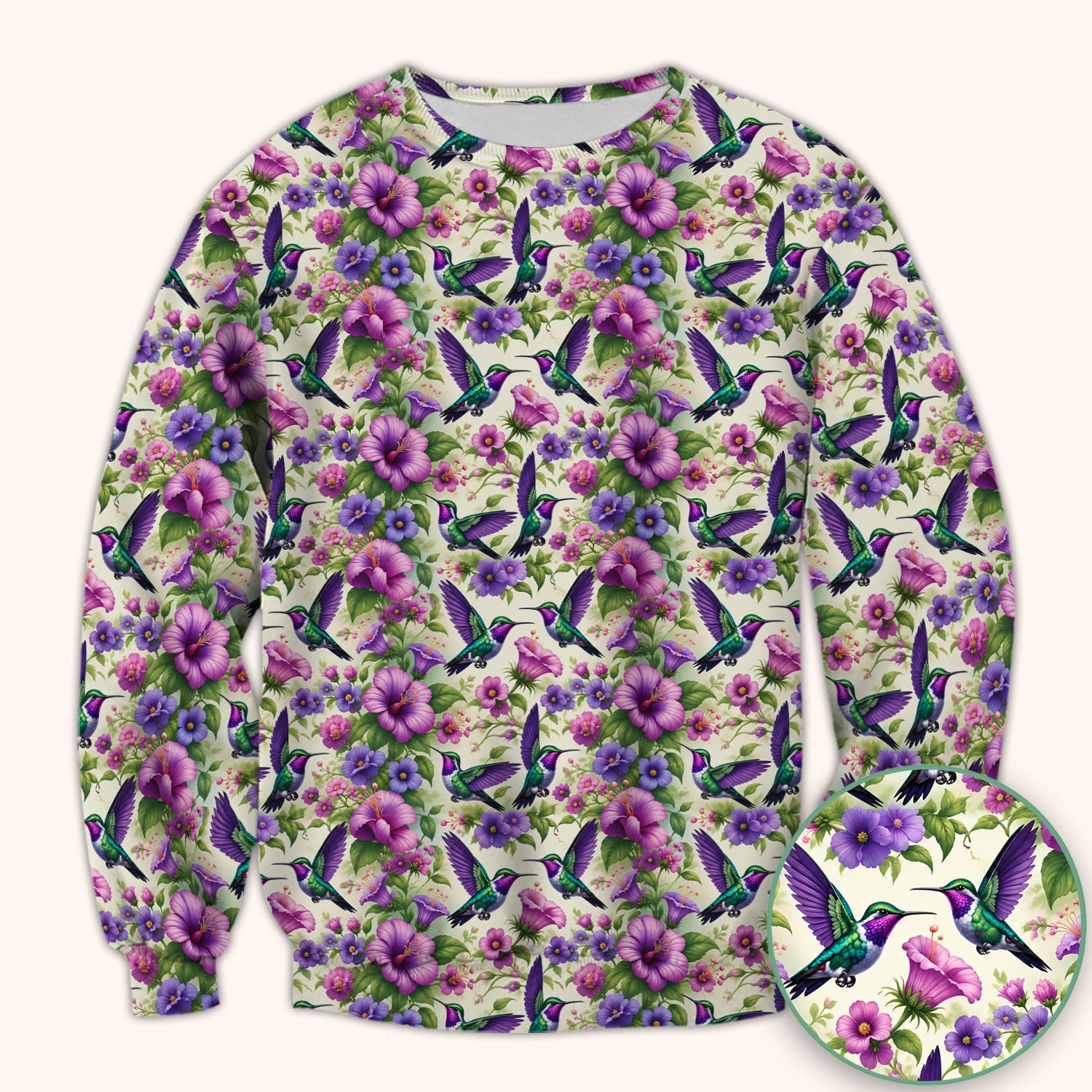 Purple Hummingbird Hibiscus Floral Pattern Scrub Top, Comfortable Scrubs for Nurses