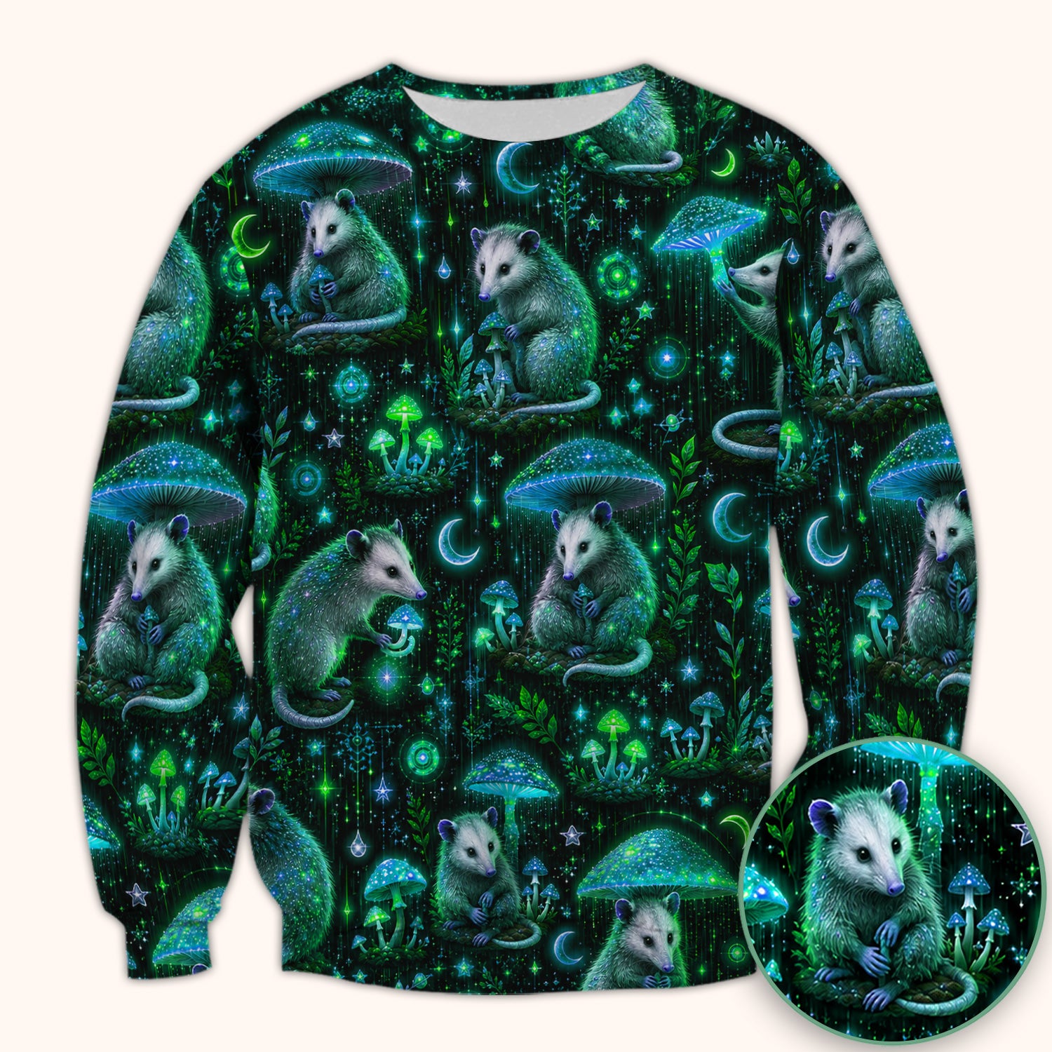 Moonlit Opossum Mushroom Pattern Scrub Top, Comfortable Scrubs for Nurses