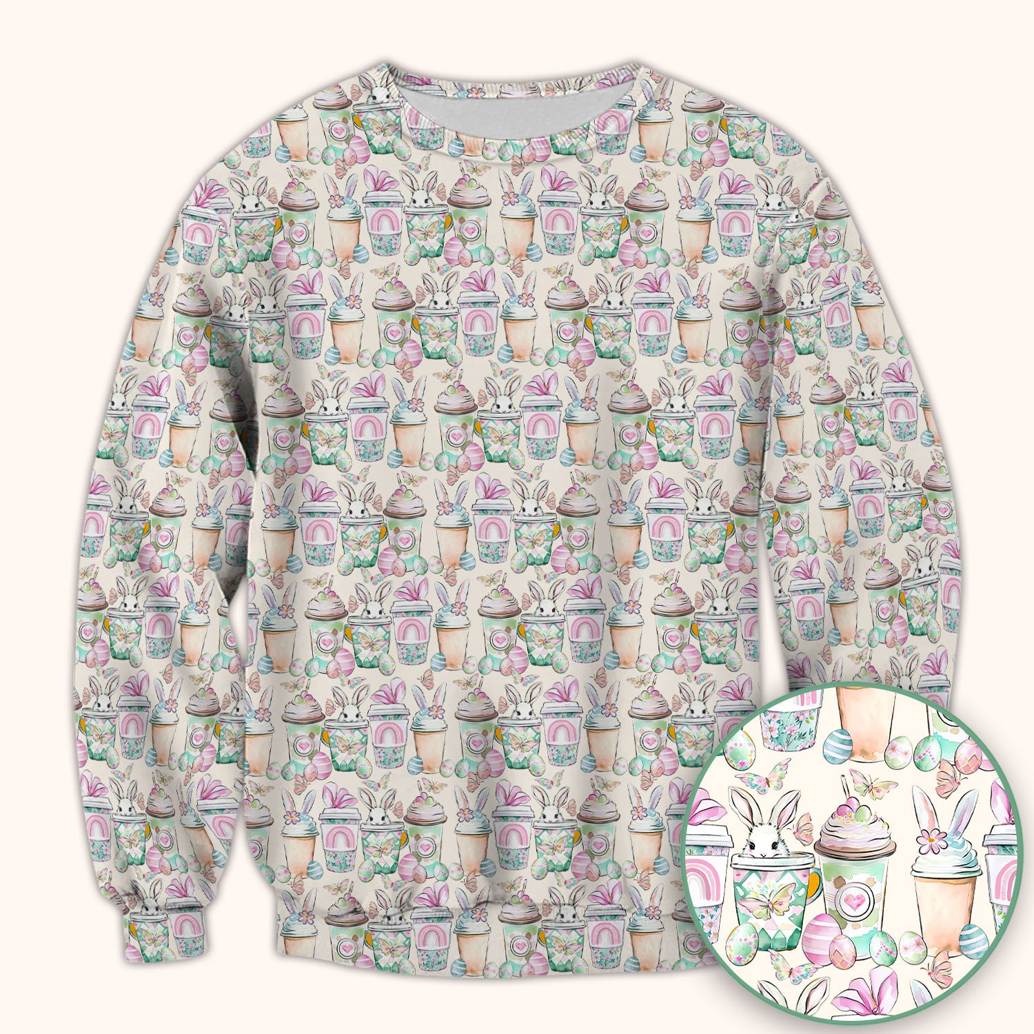 Cute Easter Bunny Coffee Cup Pattern Scrub Top, Comfortable Scrubs for Nurses