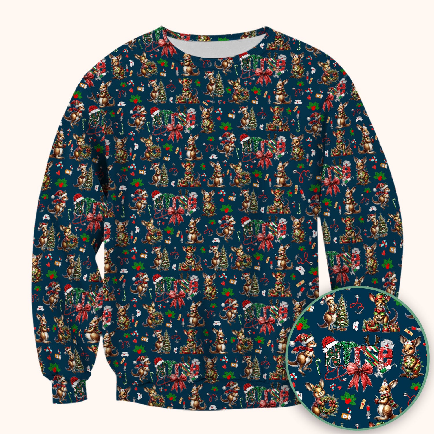 Whimsical Kangaroo Christmas Scrub Top – Festive Australian Animals Holiday Pattern – Cute Medical Uniform for Nurses, Vets & Healthcare Workers