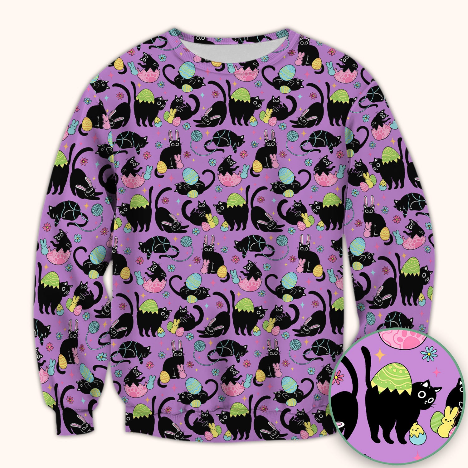 Funny Easter Black Cat Egg Pattern Scrub Top, Breathable Fabrics Nursing Uniform