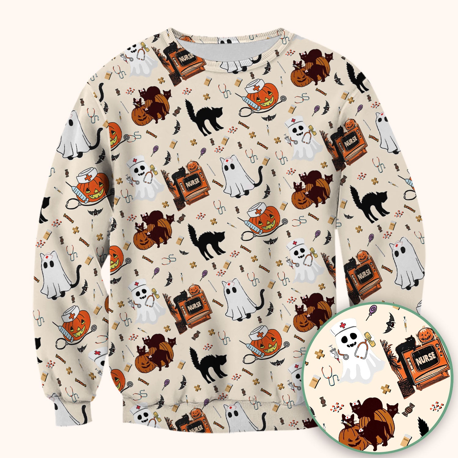 Halloween Scrub Top for Nurse - Cute Pumpkin Ghost Cat Medical Shirt - Spooky Scrubs for Women RN CNA LPN