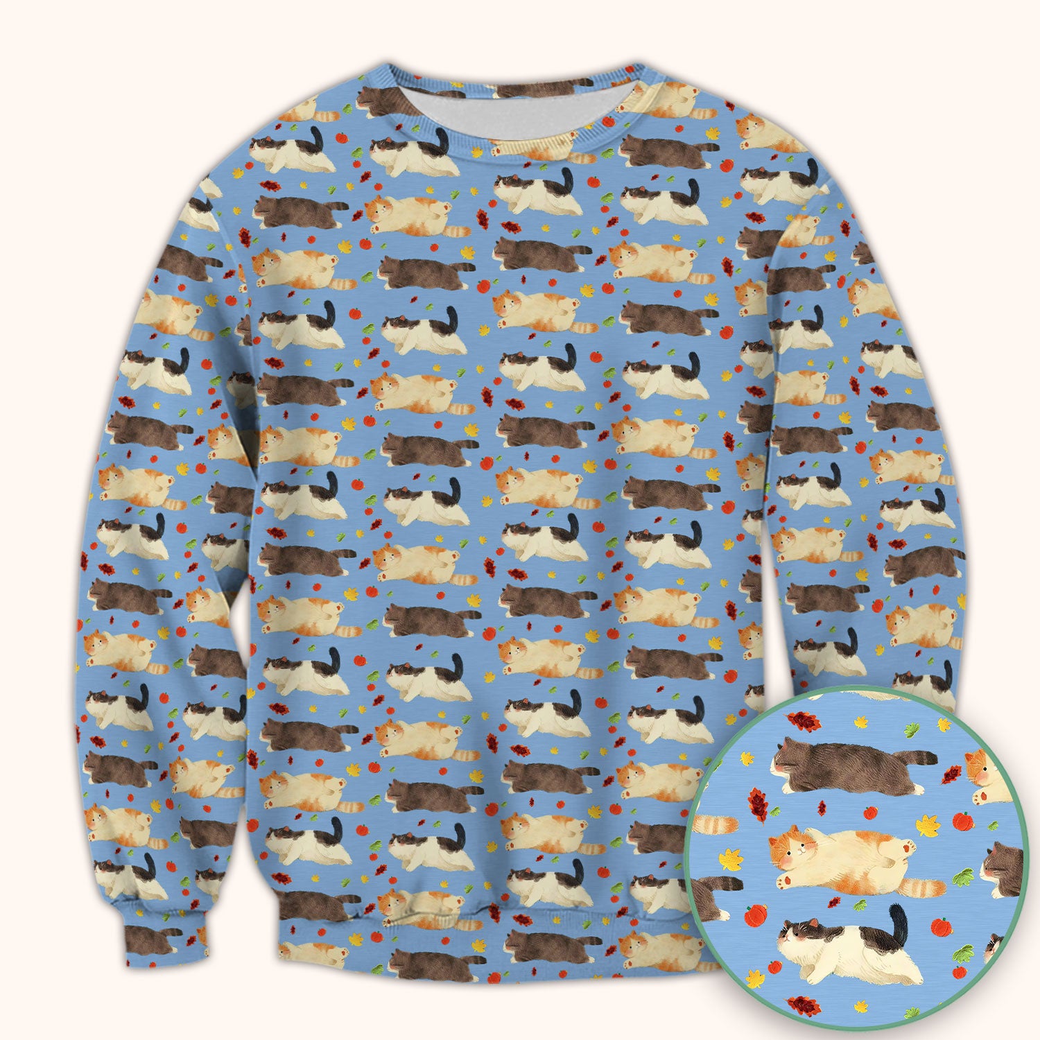 Chubby Cat Autumn Leaves Print Scrub Top, Breathable Fabrics Nursing Uniform