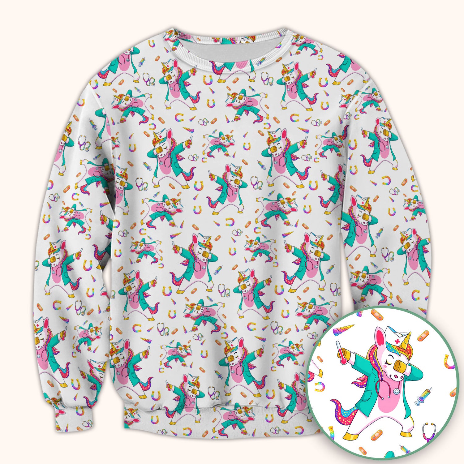 Cute Unicorn Nurse Dance Pattern Scrub Top, Breathable Fabrics Nursing Uniform