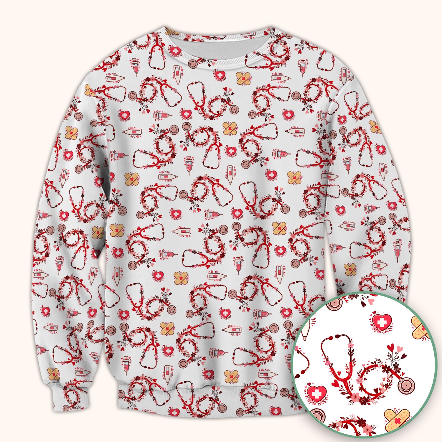 Heart Stethoscope Medical Pattern Scrub Top, Breathable Fabrics Nursing Uniform