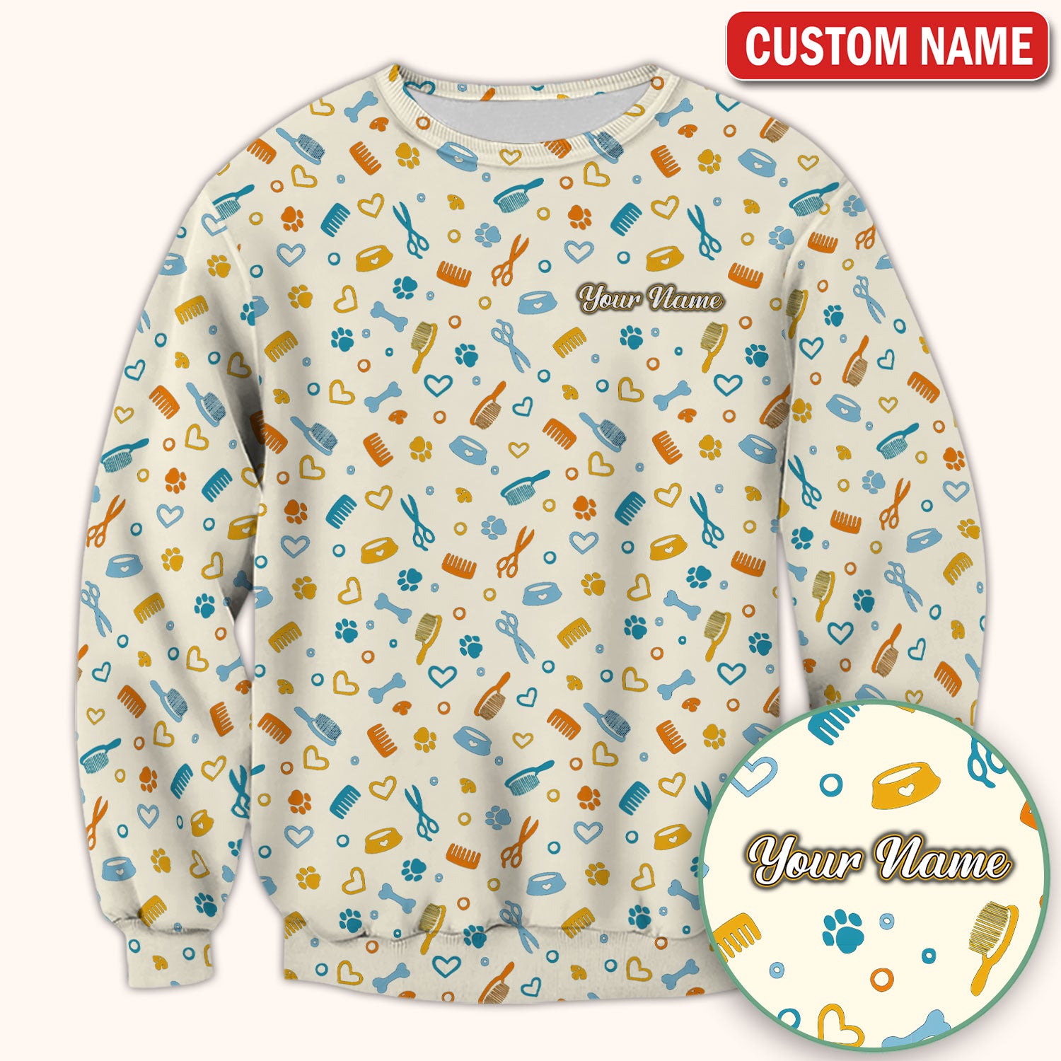 Custom Name Dog Cat Grooming Pattern Scrub Top, Breathable Fabrics Nursing Uniform