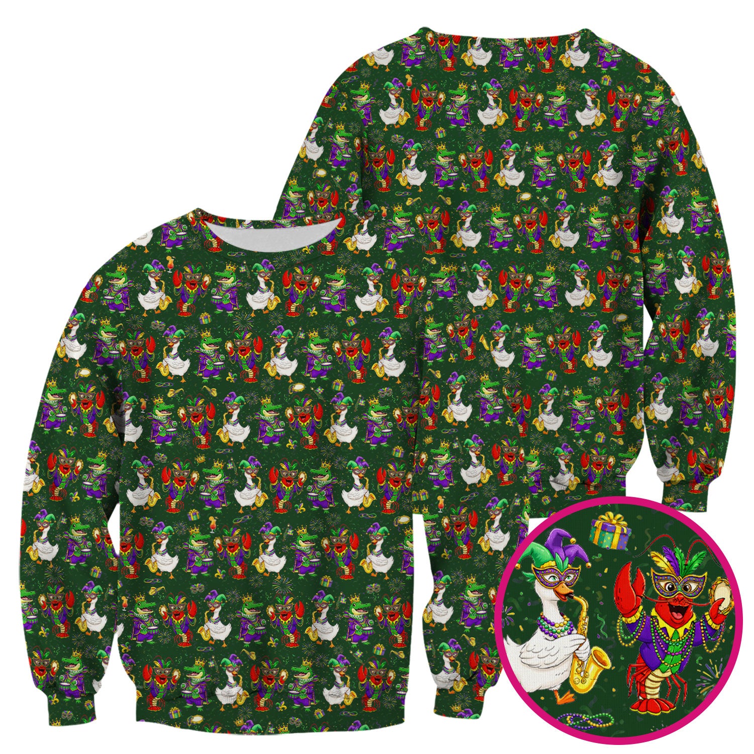 Crawfish And Duck Carnival Scrub Top, Mardi Gras Parade Pattern Nurse Shirt, Breathable Fabrics Nursing Uniform