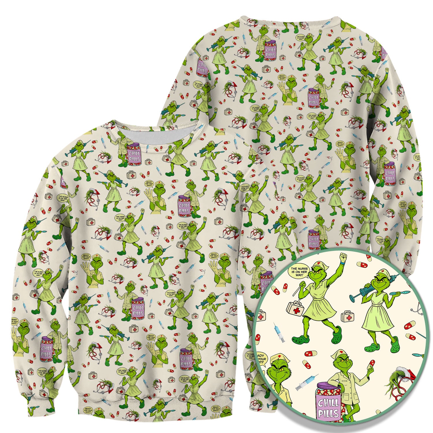 Funny Grinch Nurse Scrub Top Multi Color - Chill Pills Nursing Scrub Shirt - Cute Christmas Holiday Workwear with Pockets