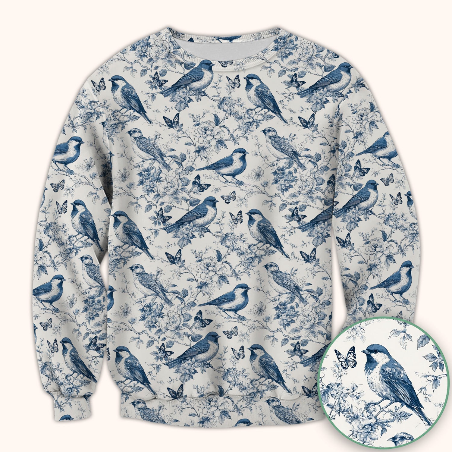 Blue Toile Songbird With Butterfly Print Scrub Top, Comfortable Scrubs for Nurses