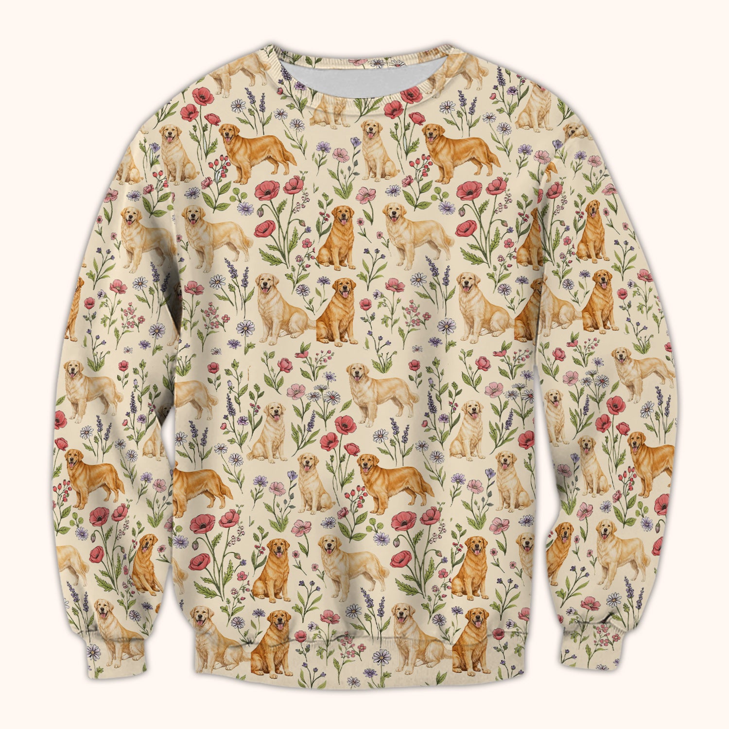 Cute Golden Retriever Floral Pattern Scrub Top, Breathable Fabrics Nursing Uniform