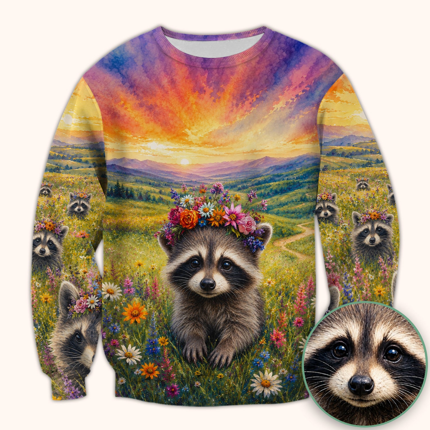 Floral Raccoon Meadow Veterinary Nurse Pattern Scrub Top, Comfortable Scrubs for Nurses