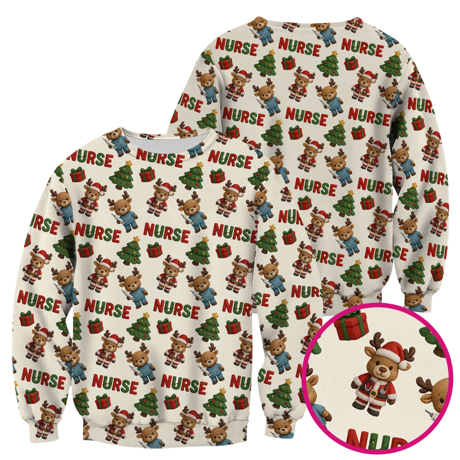 Reindeer Christmas Scrub Top, Cute Holiday Nurse Scrub Shirt, Festive Pattern Nursing Uniform