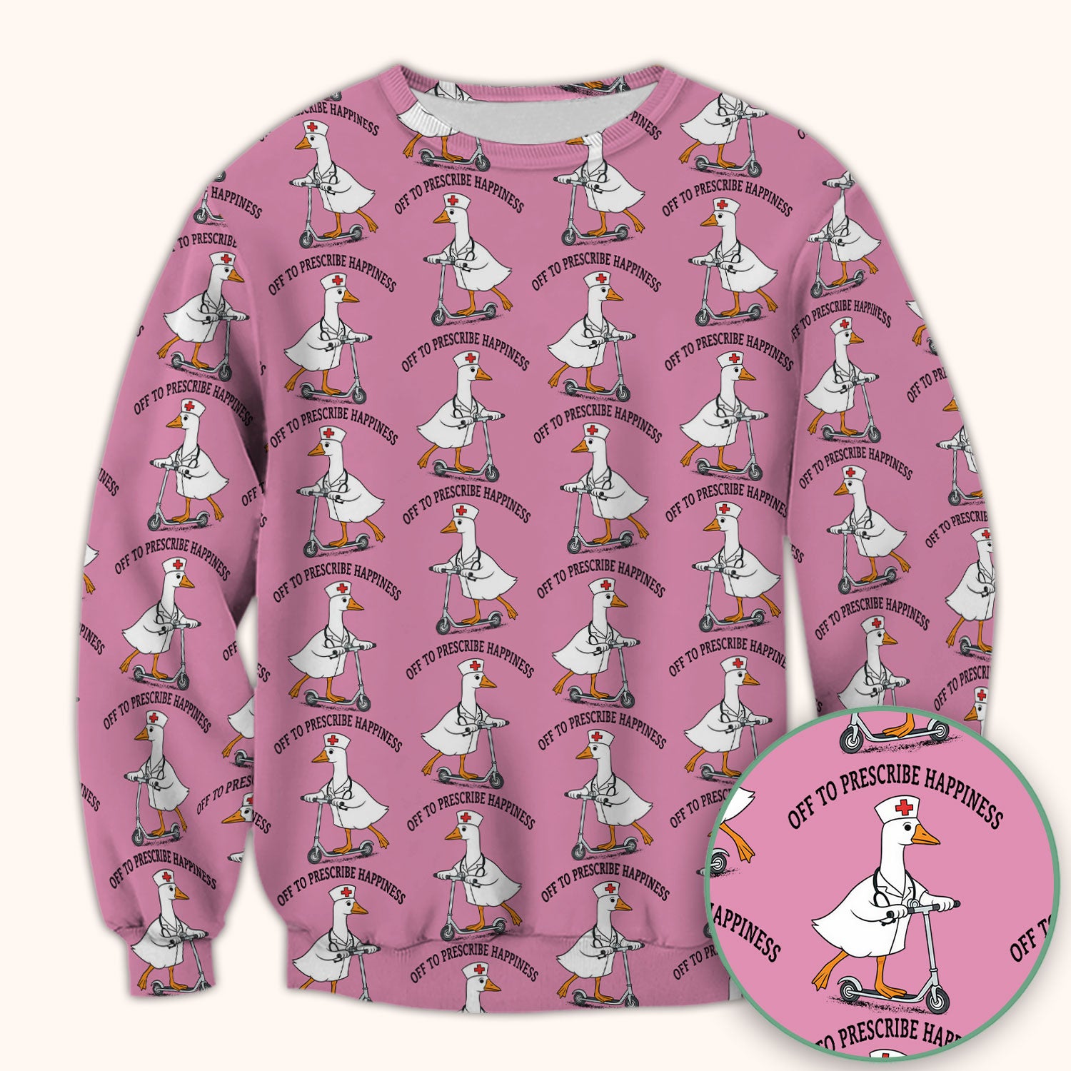 Nurse Goose Scooter Print Scrub Top, Breathable Fabrics Nursing Uniform