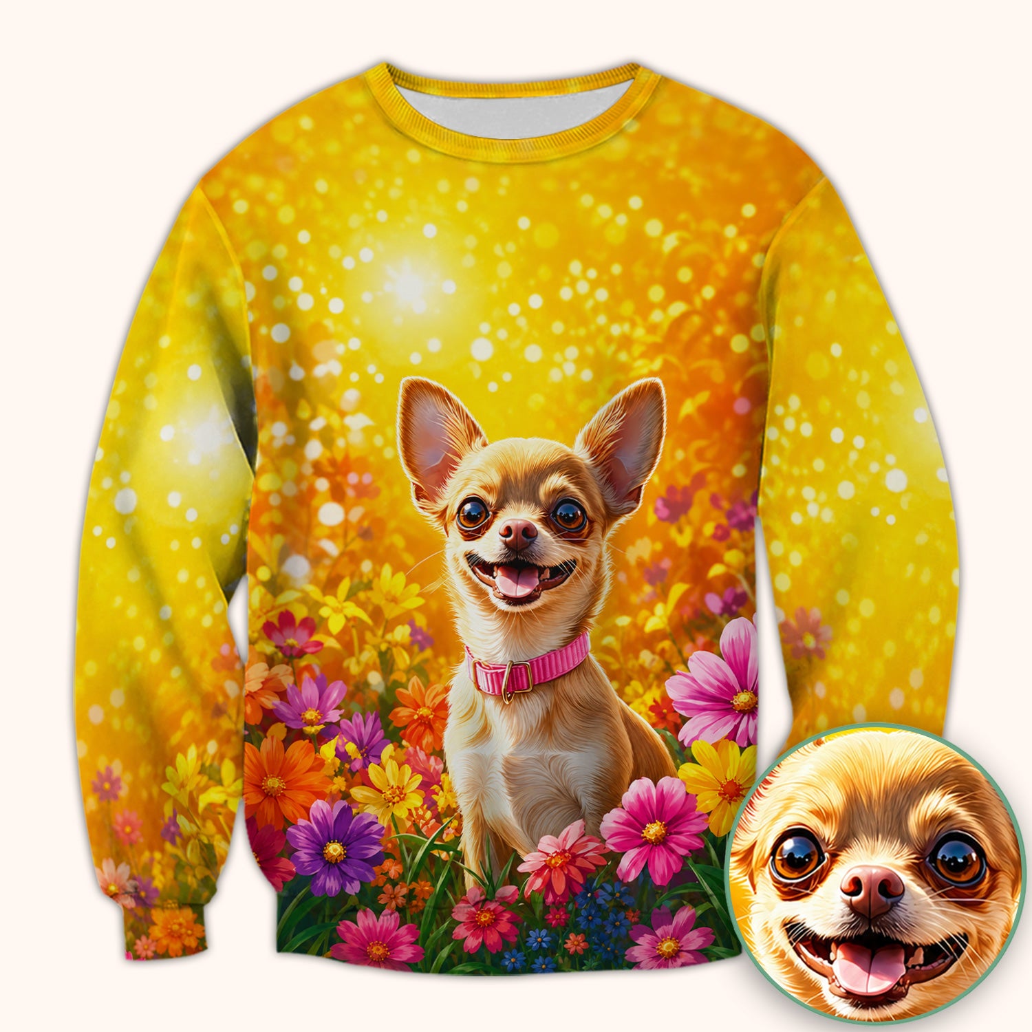 Cute Chihuahua Flower Meadow Pattern Scrub Top, Comfortable Scrubs for Nurses
