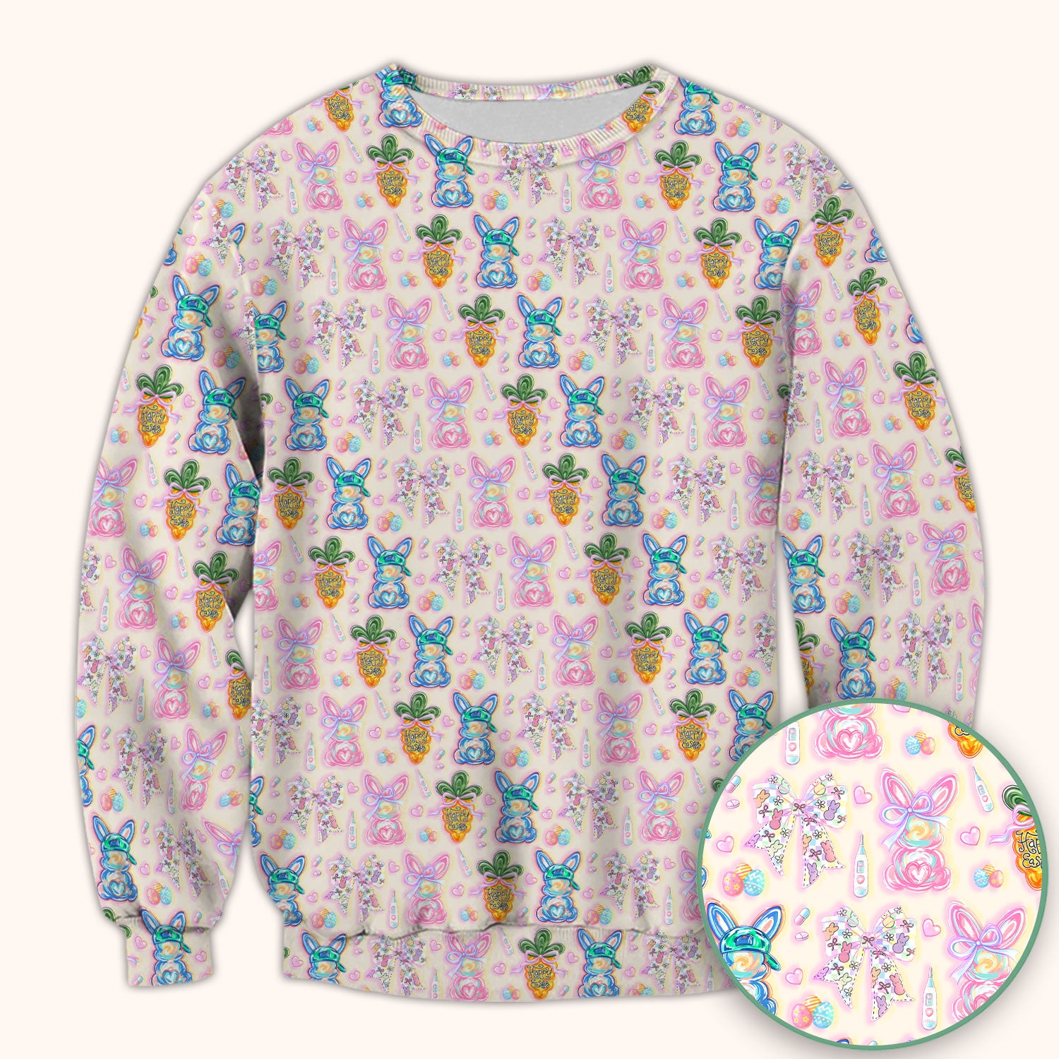 Easter Bunny Carrot Bow Floral Print Scrub Top, Comfortable Scrubs for Nurses