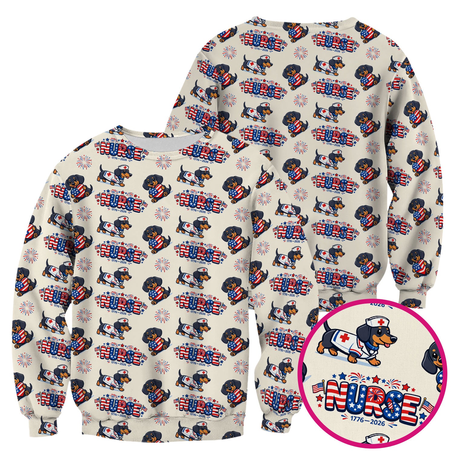 Proud Nurse Patriotic Dachshund Medical Firework Pattern Scrub Top, Comfortable Scrubs for Nurses
