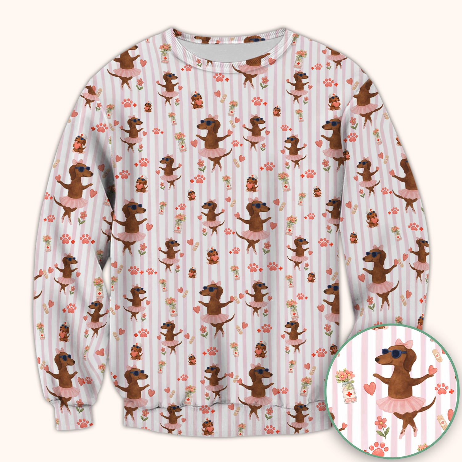 Cute Dachshund Dog Ballet Tutu Hearts Pattern Scrub Top, Comfortable Scrubs for Nurses