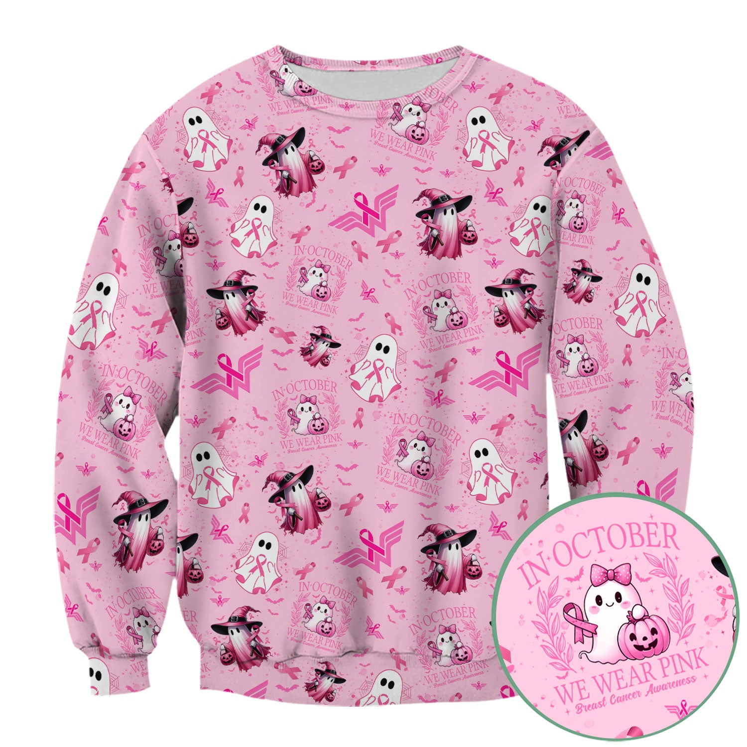 Halloween Breast Cancer Awareness Scrub Top - In October We Wear Pink Nurse Shirt - Cute Ghost Witch Pink Ribbon Medical Uniform