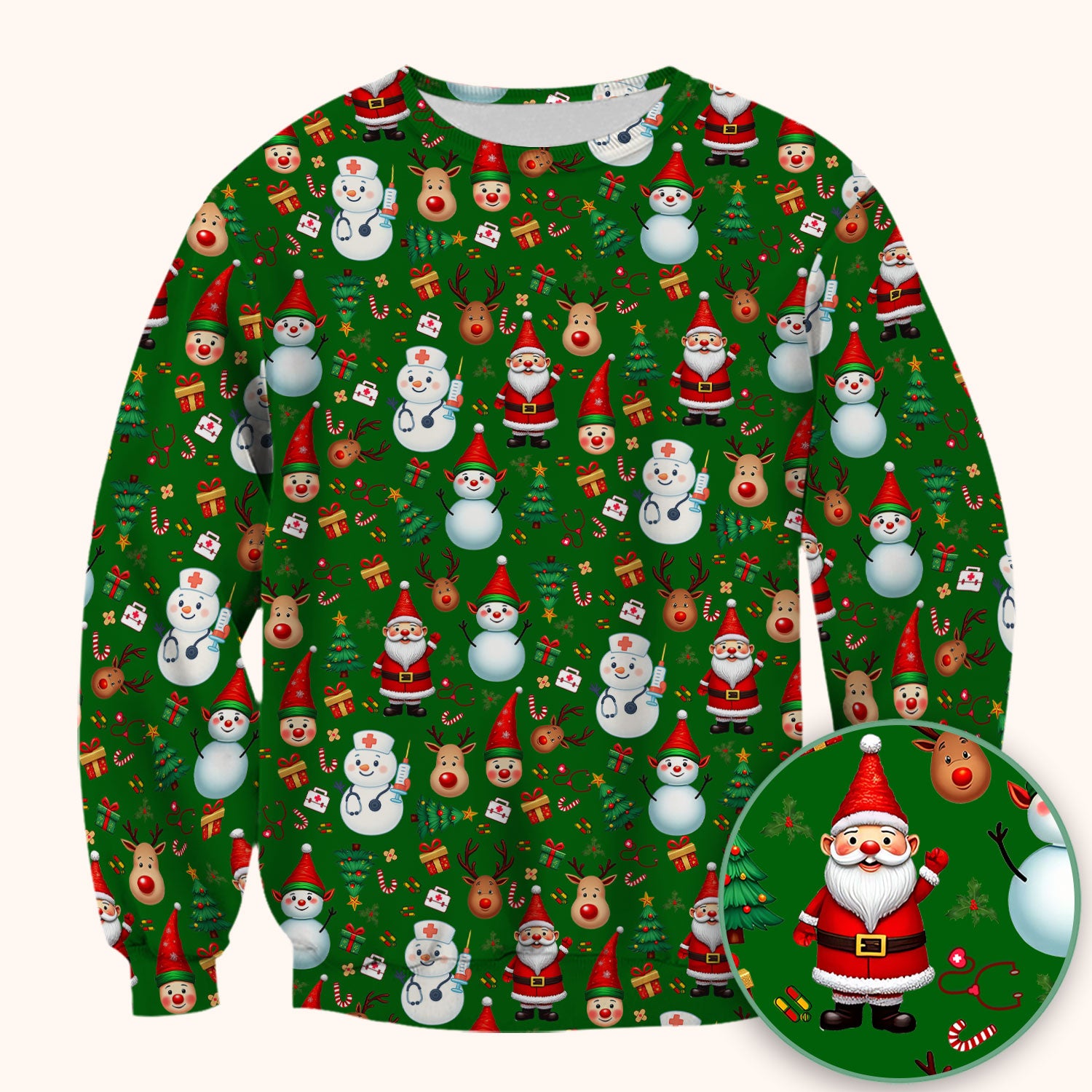 Christmas Scrub Top for Nurses - Cute Snowman Reindeer Santa Pattern - Holiday Medical Uniform RN CNA LPN Gift