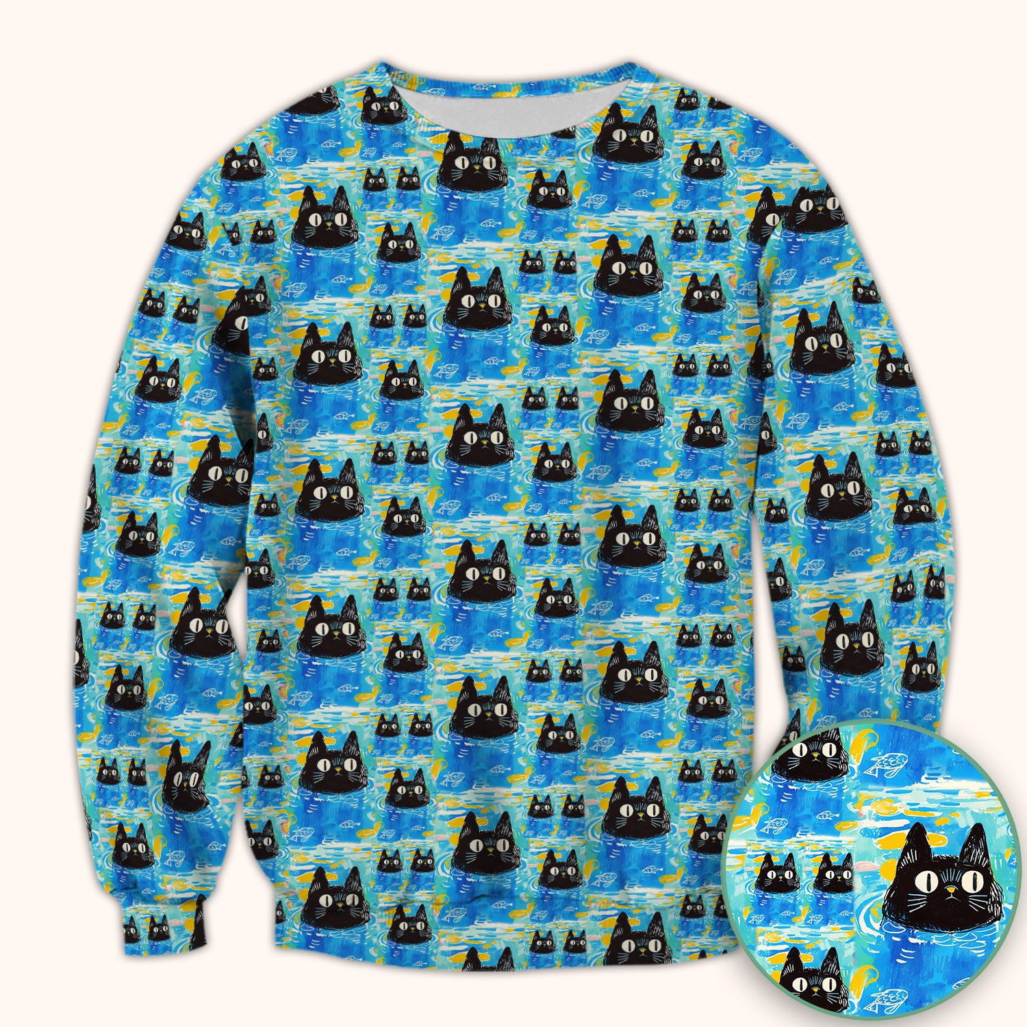 Black Cat Swimming In Blue Water Pattern Scrub Top, Comfortable Scrubs for Nurses
