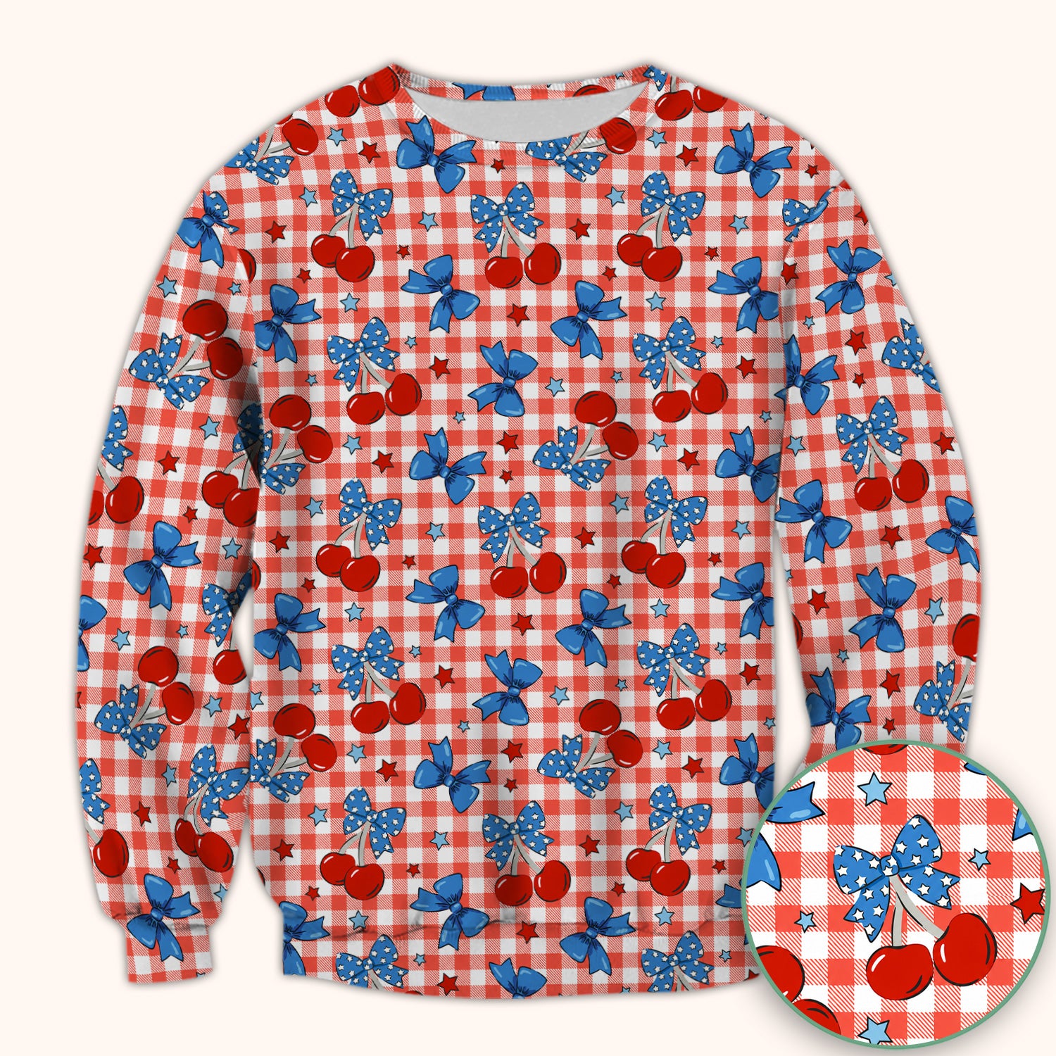 Cute Patriotic Cherry Bow Checkered Pattern Scrub Top, Comfortable Scrubs for Nurses