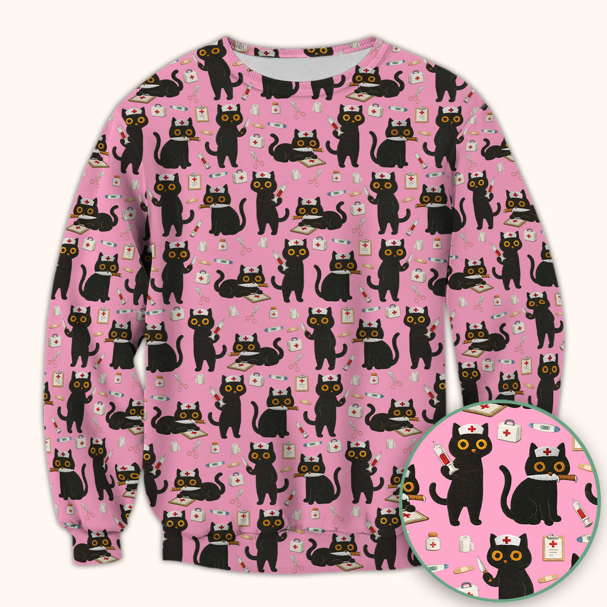 Cute Black Cat Nurse Pattern Scrub Top, Comfortable Scrubs for Nurses