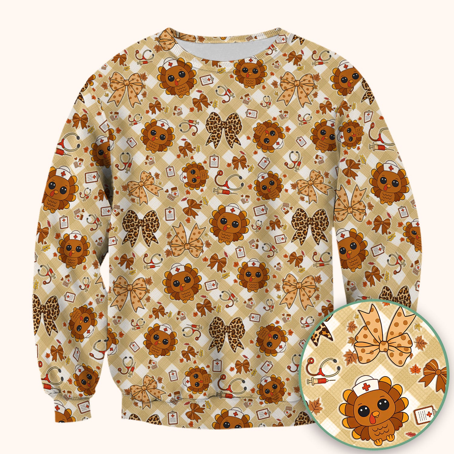 Thanksgiving Turkey Scrub Top for Nurses - Cute Fall Leaves and Bow Shirt - Funny Autumn Nursing Gift for Women RN LPN CNA