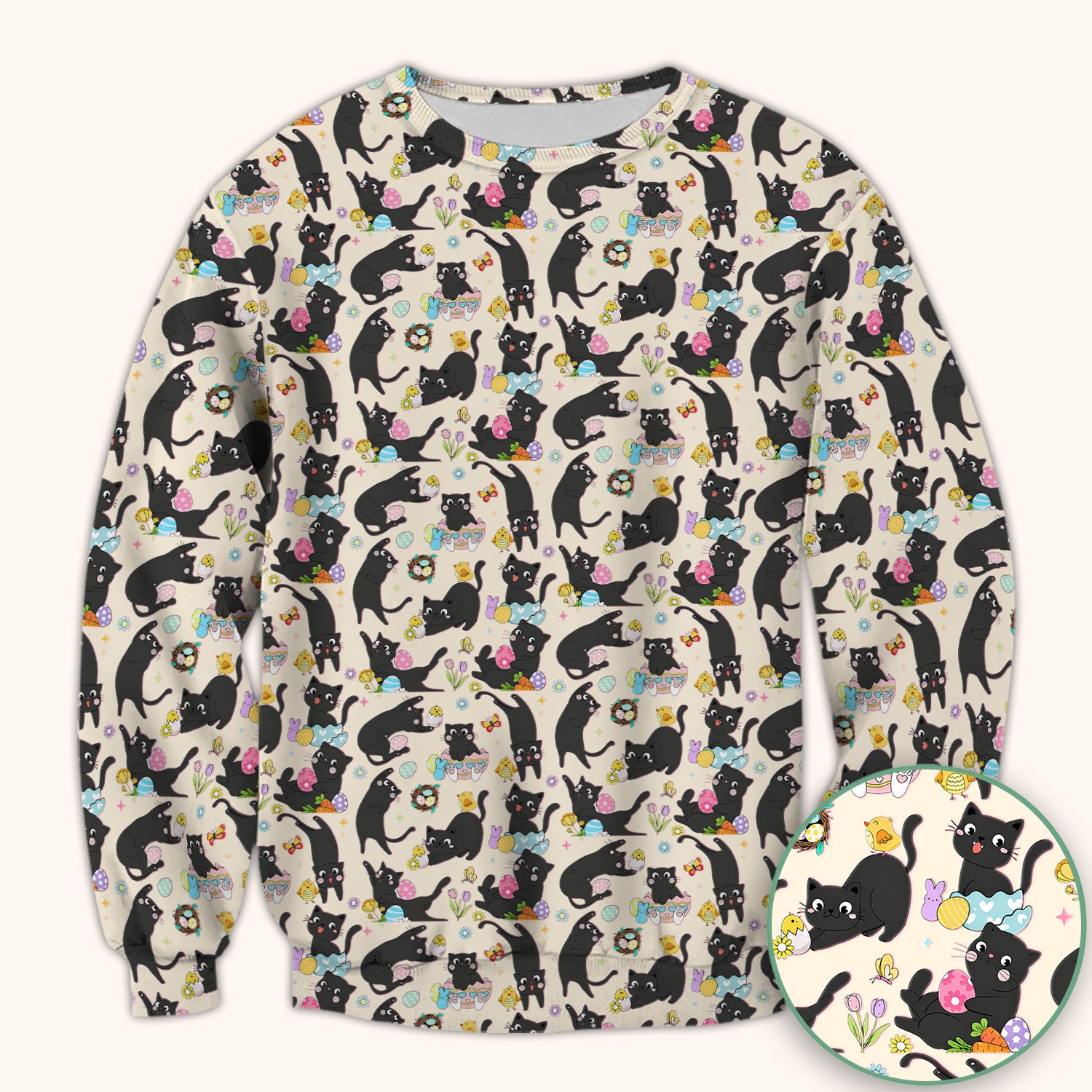 Playful Black Cat Easter Egg Pattern Scrub Top, Comfortable Scrubs for Nurses